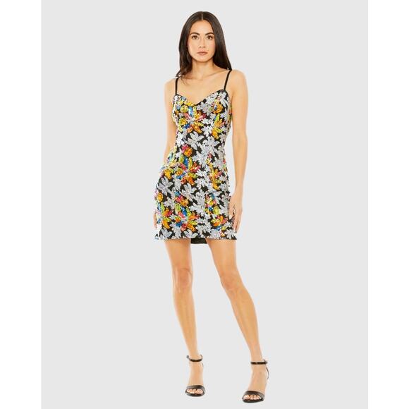 Mac Duggal NWT Sequined Floral Detail Mini Dress in Black Multi Size 10 - Picture 1 of 8